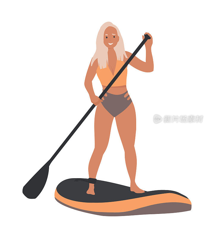 在桨板上的冲浪女。有桨的女人，有桨的女人
