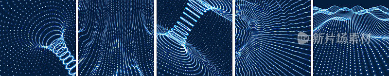 带有动态粒子的抽象背景。隧道。3D发光网格表面。水波。科技风格的潮流设计。矢量插图的横幅，传单，海报，封面或小册子。