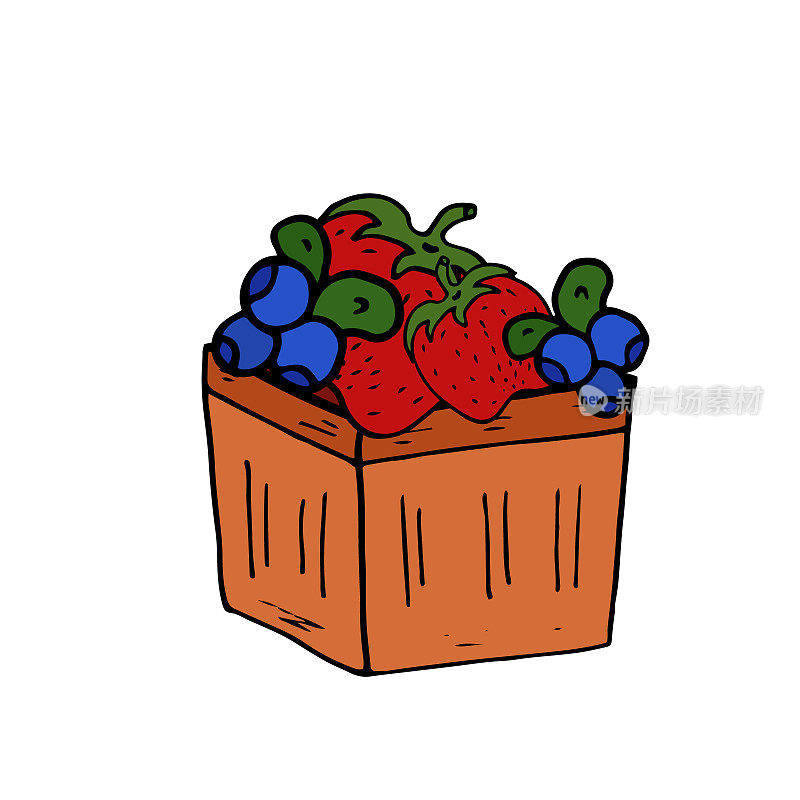 篮子与草莓和蓝莓隔离涂鸦矢量。概念夏天，浆果，健康食品。