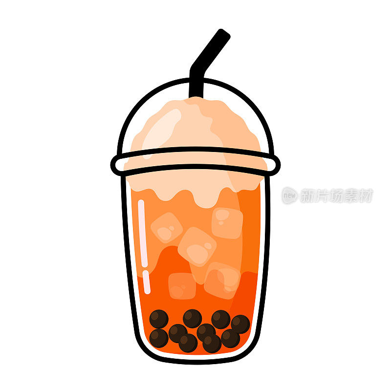 冰奶茶饮料与冰块和木薯珍珠在可爱的卡通矢量插图