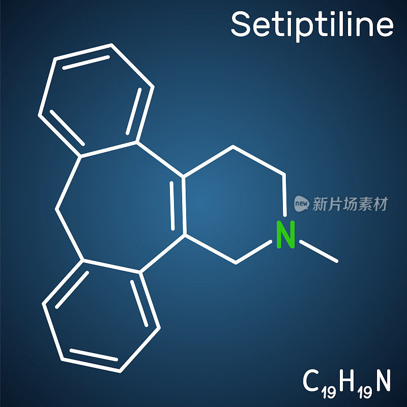 Setiptiline分子。它是四环抗抑郁药TeCA。深蓝色背景上的结构式化学式