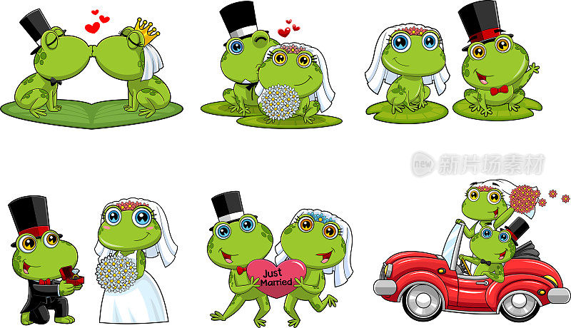 可爱的青蛙卡通人物新婚夫妇。矢量手绘集合集