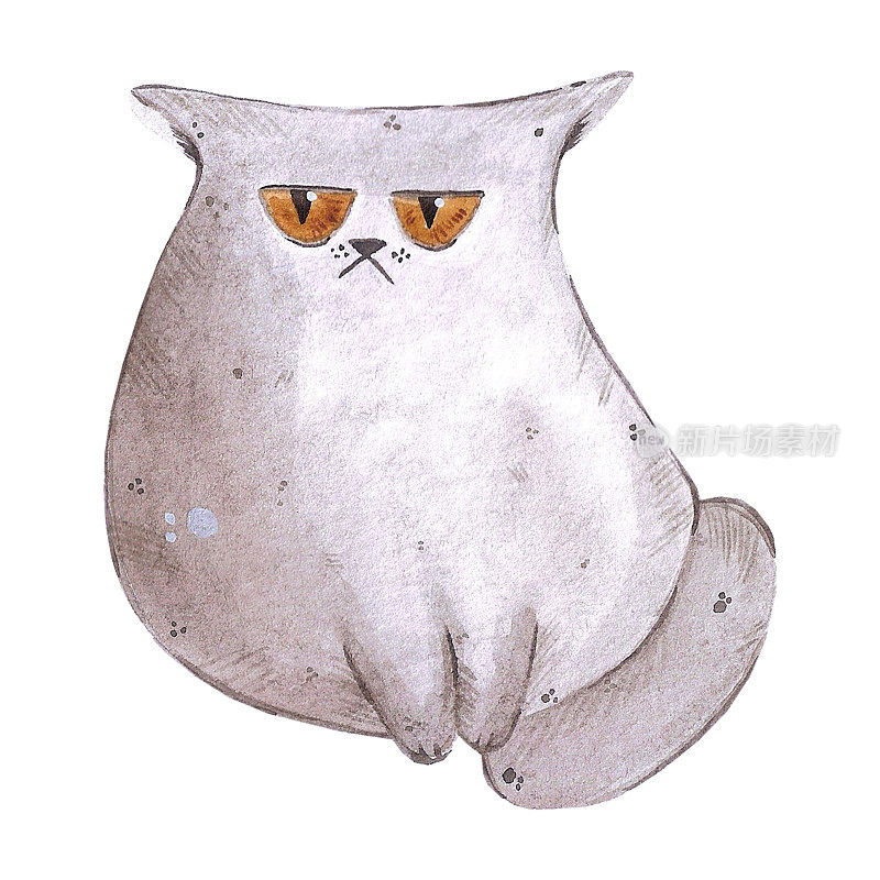手绘水彩灰猫儿童纺织品。孤立在白色上。相册，海报，标签，横幅，明信片。