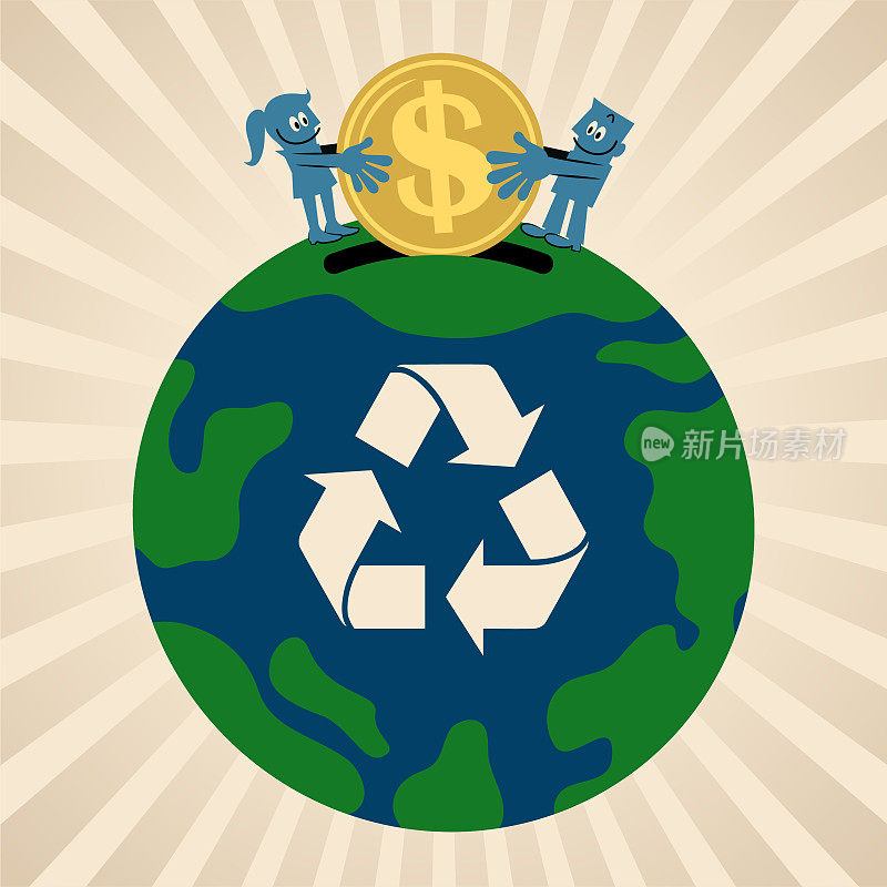 人们把钱投入到地球上，有回收的标志，可持续发展的商业概念，发展一个清洁的生态地球基金，以及环境保护