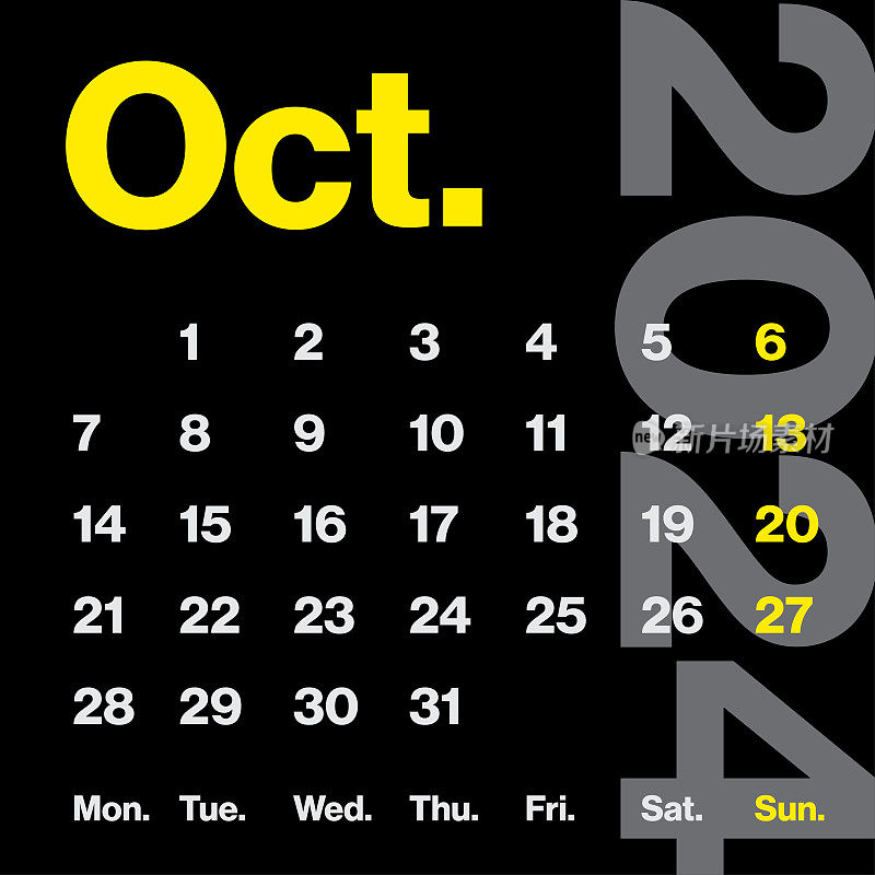 2024年10月-月历。极简风格的方形日历。向量模板。这一周从星期一开始