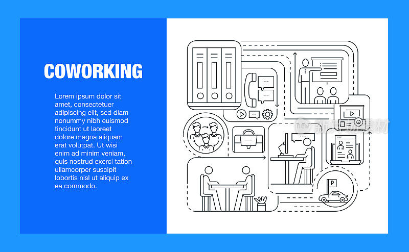 共同工作线图标集和横幅设计。计算机、商务、策划、办公