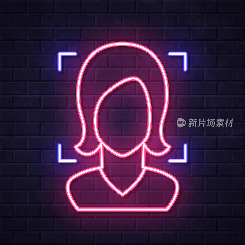 女人的面部识别。在砖墙背景上发光的霓虹灯图标
