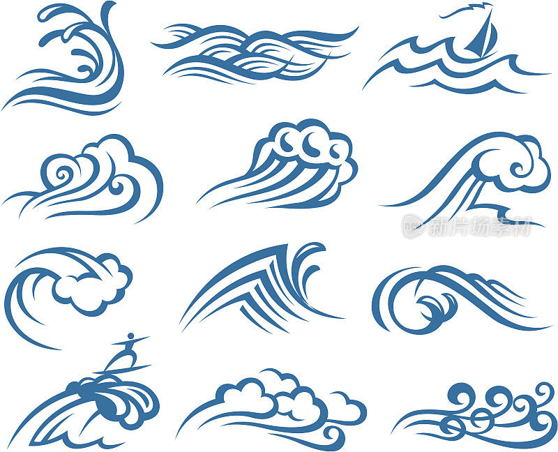 白色背景上的蓝色海浪的各种图画
