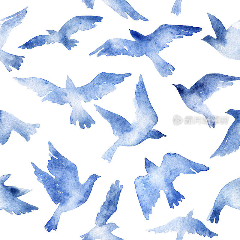 抽象的飞鸟设置与水彩纹理在白色的背景。