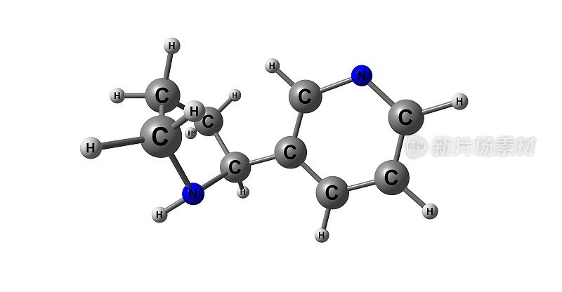 诺尼古丁分子结构孤立于白色