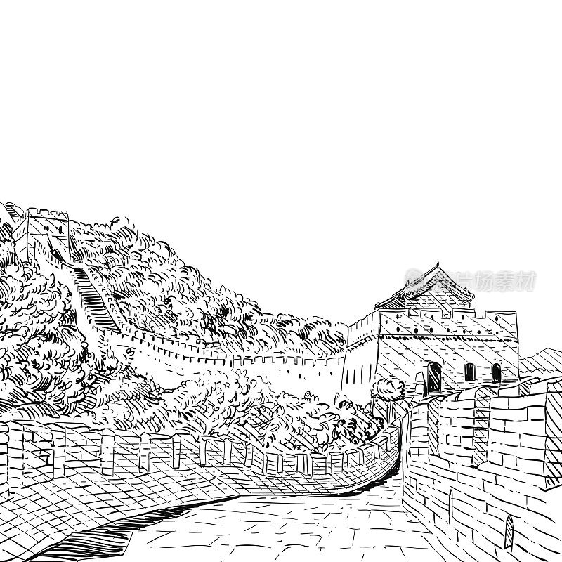 中国的长城素描手绘。矢量图