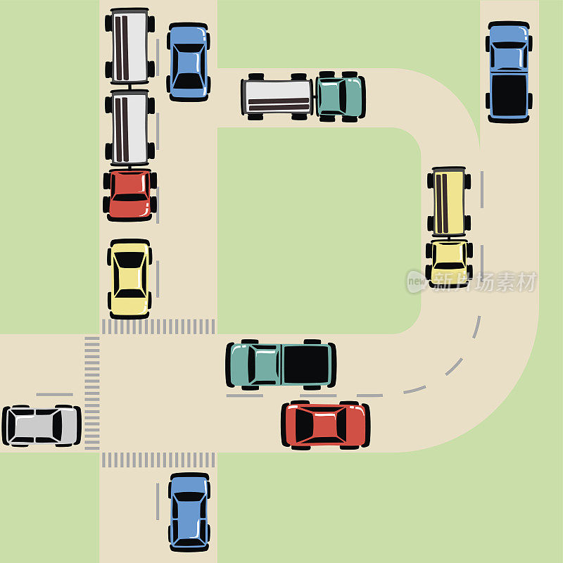 交通地图与汽车和卡车的道路在十字路口