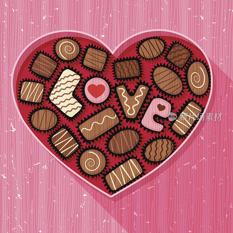 心形的盒子里装着各式各样的巧克力和糖果