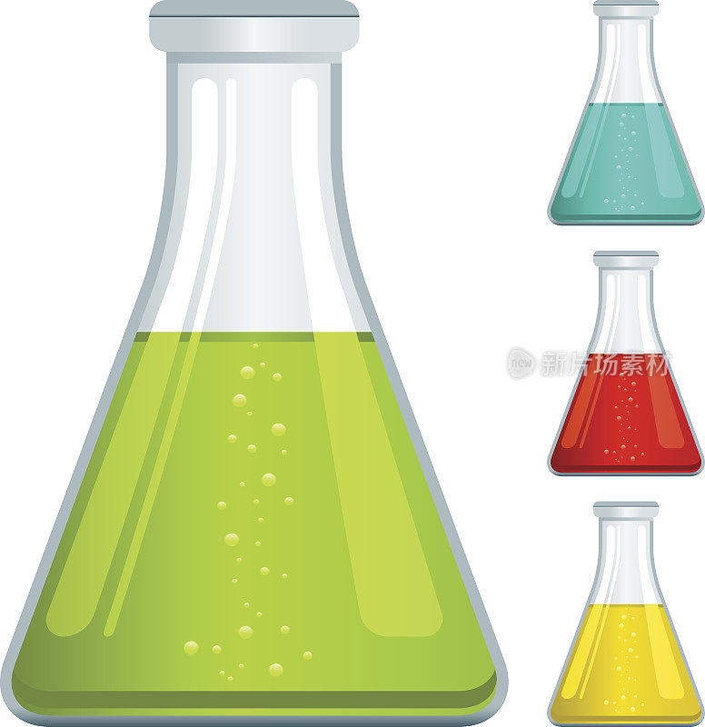 三个不同颜色的实验室烧瓶图标
