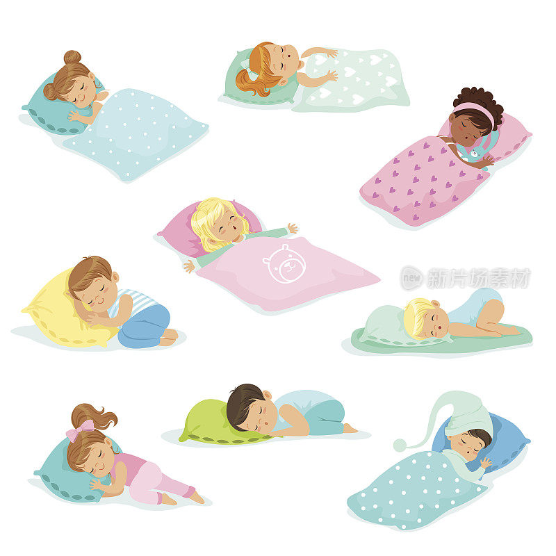 可爱的小男孩和小女孩甜美地睡在他们的床上，彩色的人物矢量插图