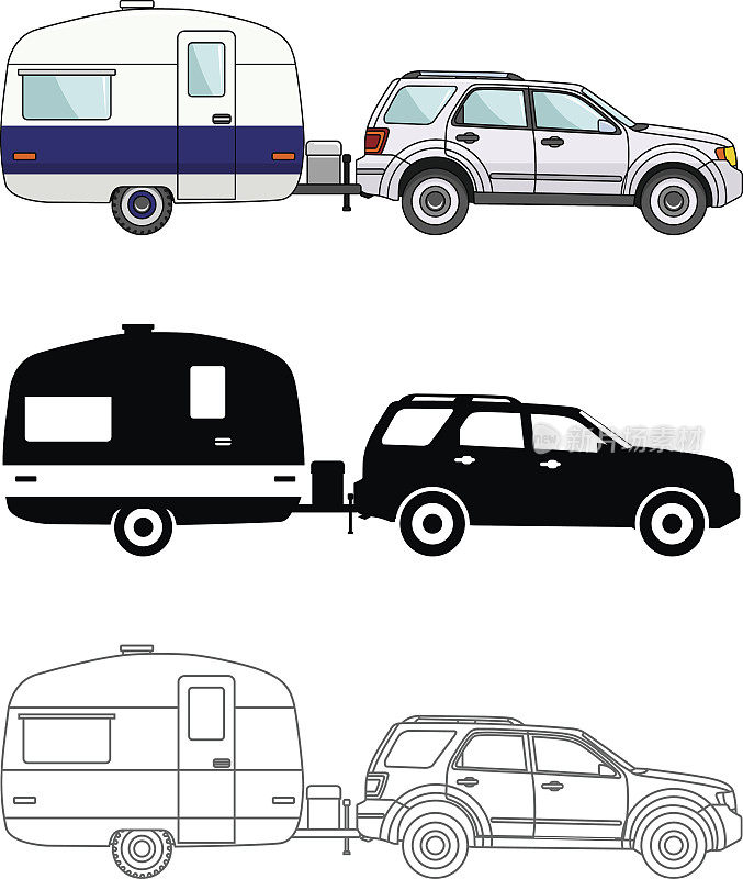 不同种类的汽车和旅行拖车孤立在白色背景。