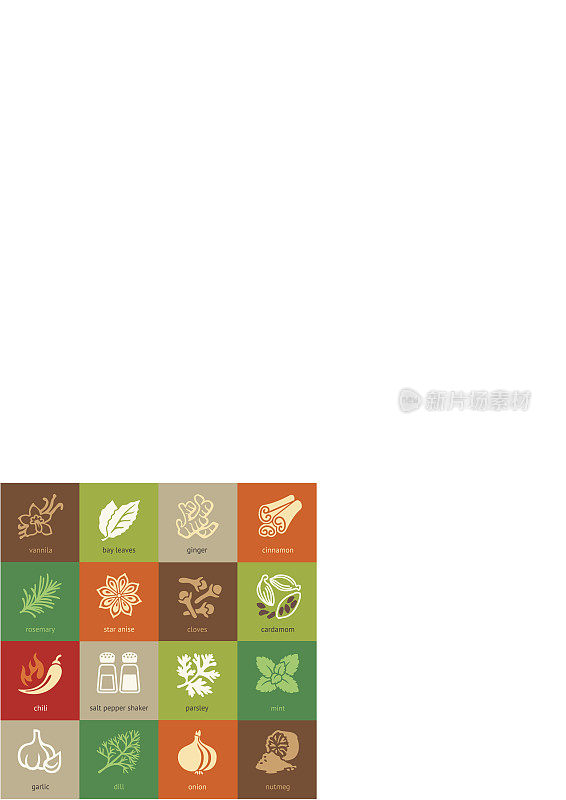 彩色的网页图标设置-香料，调味品和香草