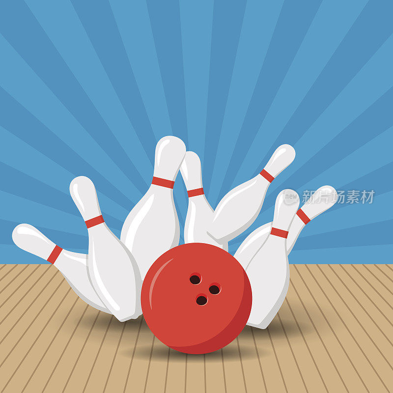 保龄球俱乐部的海报游戏。矢量背景设计与打击在alley球的skittles。平坦的插图。