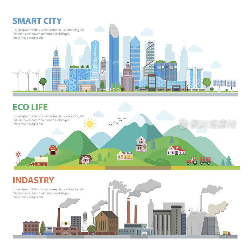 平面智慧城市，生态生活，工业信息图模板向量插图集。生态学和自然污染概念。建筑物、摩天大楼、大自然、山峦、工厂背景。