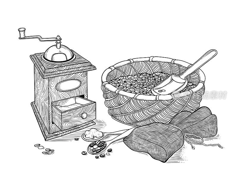 矢量素描画古董咖啡研磨机，磨碎的咖啡和豆子。柳条篮子和铲子，粗麻袋与绳子捆绑。插图黑白雕刻风格