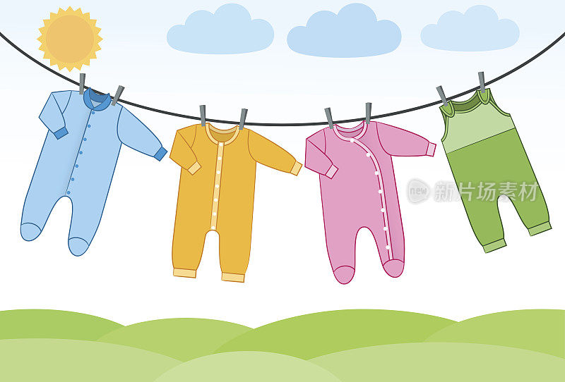 矢量婴儿衣服在晾衣绳上。