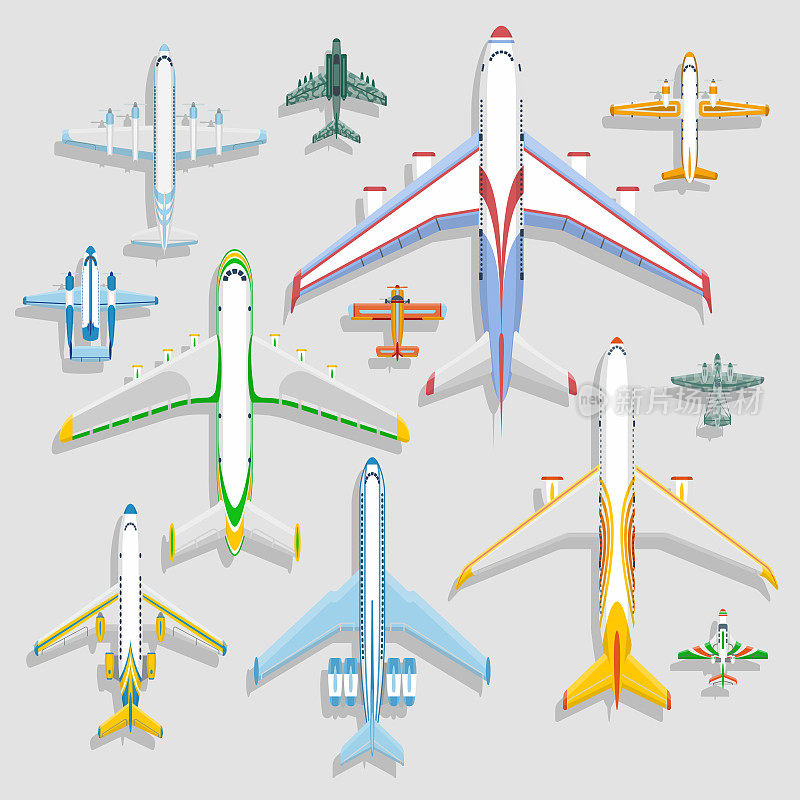 矢量飞机图标顶视图矢量插图孤立在背景上。乘机场航班旅行度假运输客机。涡轮航行飞行员飞机喷气机
