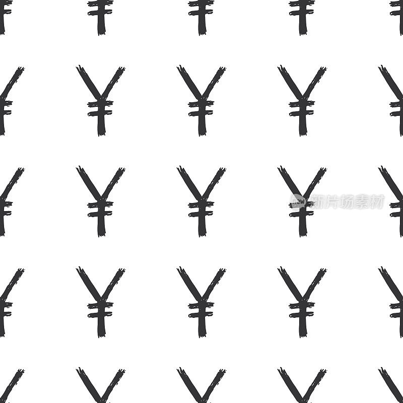 日圆标志图标毛笔字无缝图案，Grunge书法符号背景，矢量插图