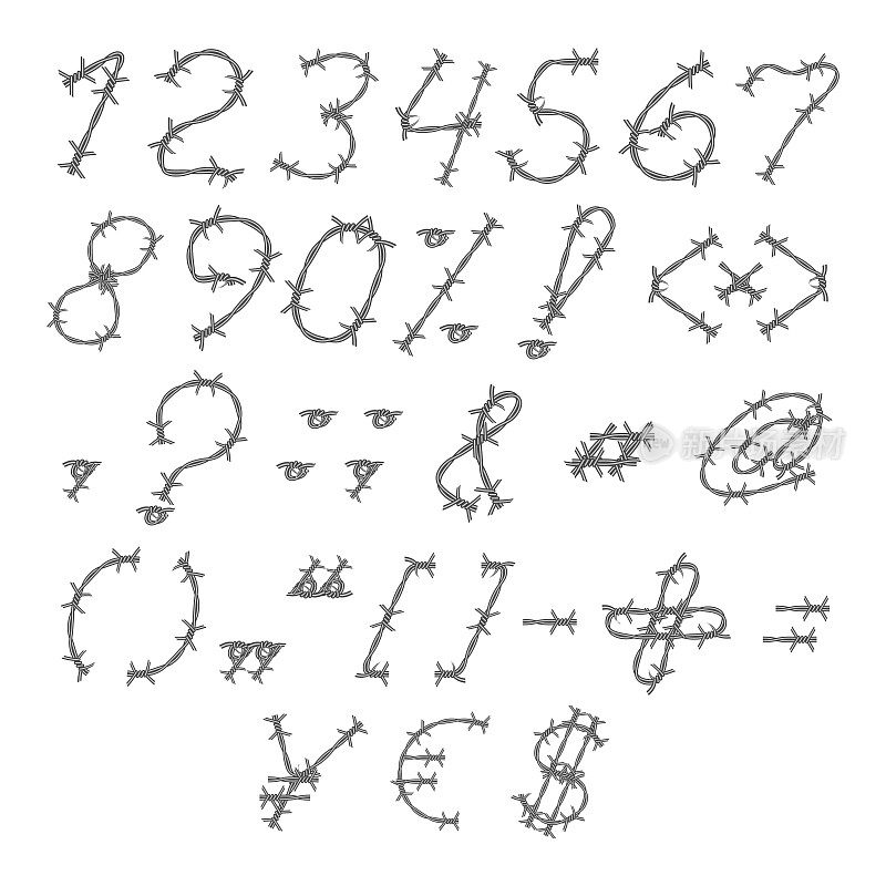 铁丝网矢量字体-类型-字母表。数字和特殊字符