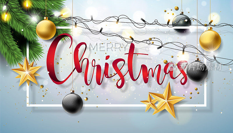 矢量圣诞快乐插图在发光的背景与印刷和节日灯花环，松树枝，雪花和装饰球。节日设计的优质贺卡。