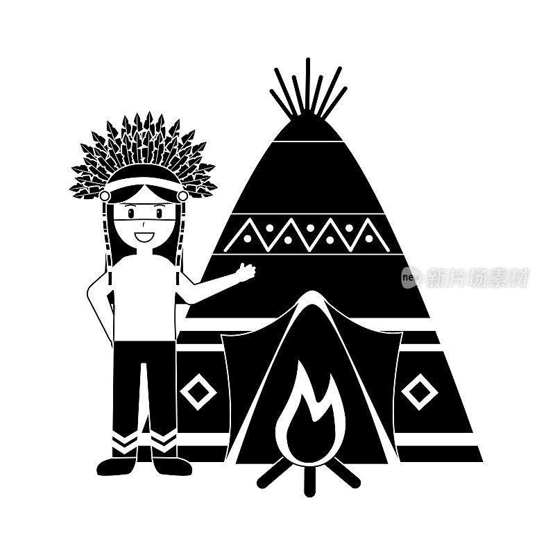 美国印第安人，有帐篷和篝火