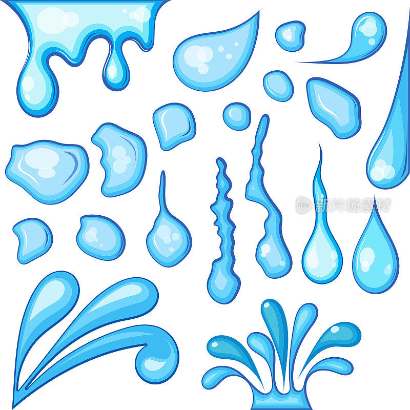 水滴或飞溅向量眼睛水或水滴的瀑布浇水与液体水和飞溅的雨滴下降设置插图孤立的白色背景