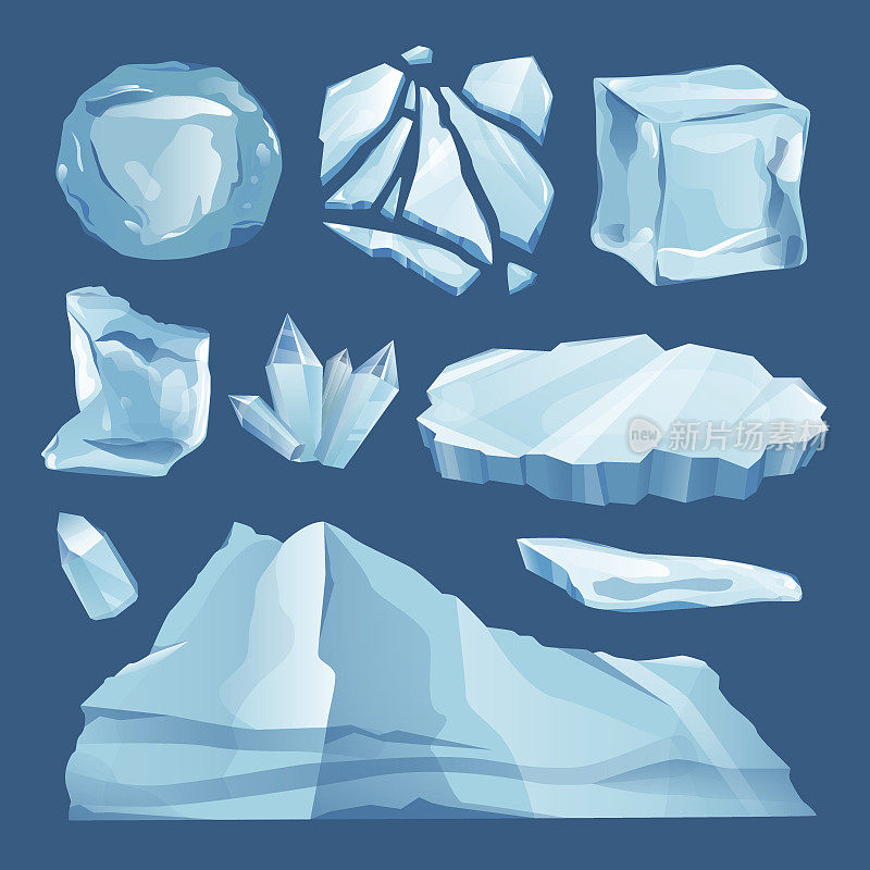 一系列的冰帽，雪堆和冰柱