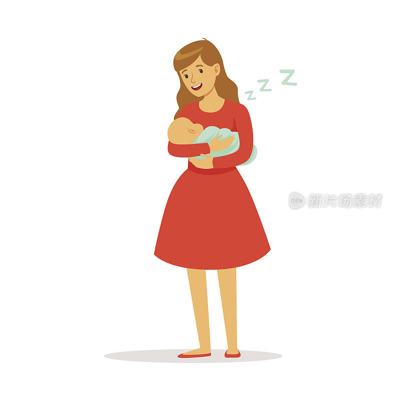美丽的年轻母亲在红裙子摇她的新生儿睡眠彩色矢量插图