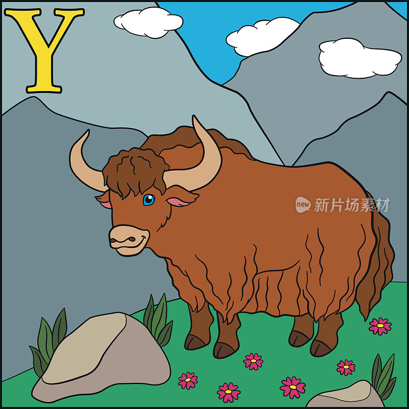卡通动物字母表。Y是牦牛。