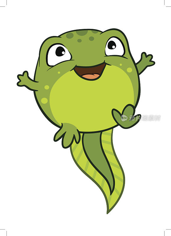 矢量卡通插图可爱的快乐快乐的小蝌蚪的性格，明亮的绿色。