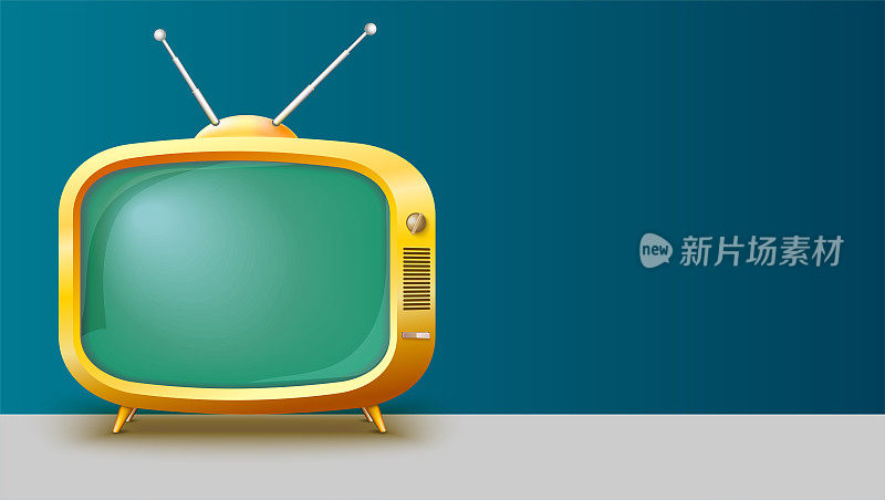 模板与复古黄色电视广告水平长背景，3D插图与文字的地方。现实的老式电视与空白屏幕