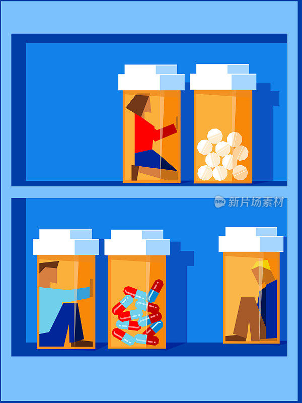 人被困在药瓶内，坐在药瓶架上，处方药滥用概念矢量插图