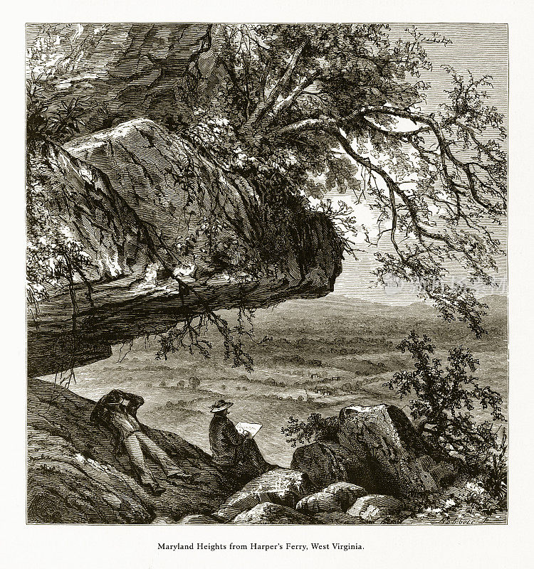 美国弗吉尼亚州马里兰州西弗吉尼亚州哈珀渡口附近的马里兰高地，美国维多利亚版画，1872年