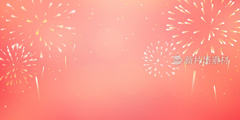 摘要:在红色全景背景上展示一组爆炸的烟花，明亮的灯光，充满活力的色彩和掉落的火焰，闪烁的五彩纸屑，庆祝关于2019年快乐中国新年的概念