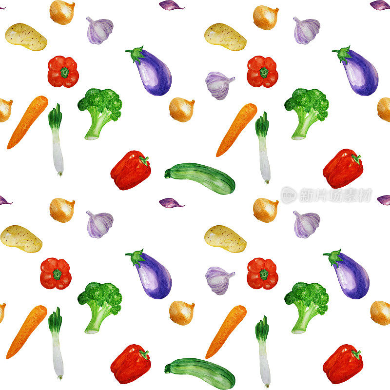 无缝图案与手绘成熟有机蔬菜。食品的背景。用于包装纸，烹饪书，网页背景