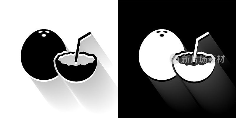 椰子饮料黑色和白色图标与长影子