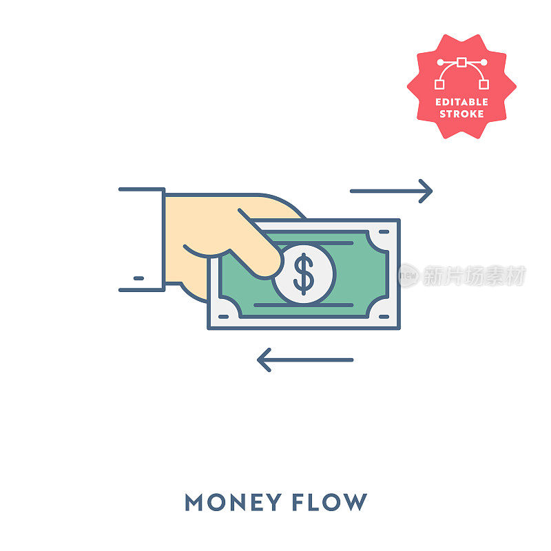 金钱流平面图标与可编辑的描边和像素完美。