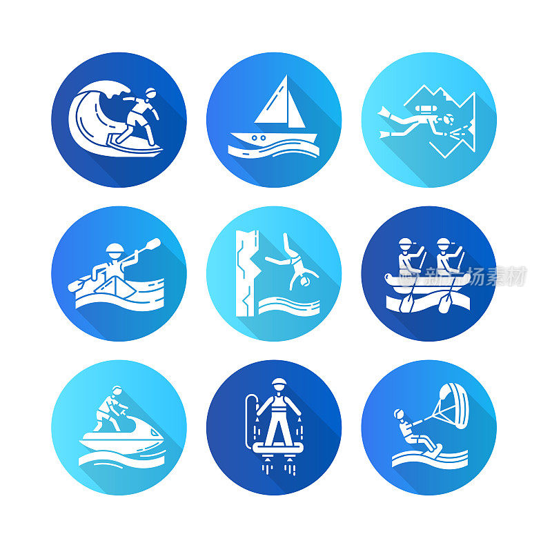 水上运动平面设计长影字形图标集。洞穴潜水、冲浪、飞行滑板和航海。悬崖跳水、皮划艇和帆板运动。极限运动。向量轮廓图