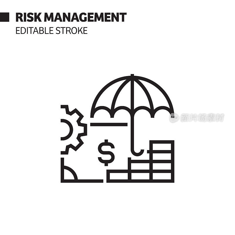 风险管理线图标，轮廓向量符号插图。完美像素，可编辑的描边。