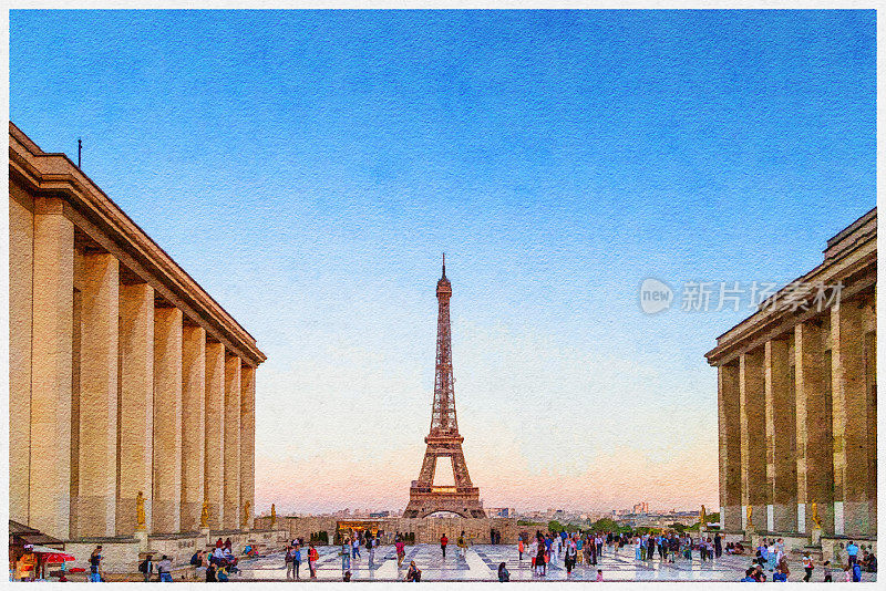 水彩滤镜效果的地方杜特罗卡德罗，这是位于巴黎第16区。偶然出现的人和世界著名的埃菲尔铁塔都可以在图像中看到。