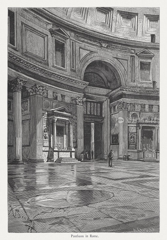 意大利罗马万神殿，内景，木刻，1884年出版