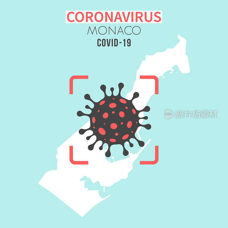 红色取景器显示冠状病毒(COVID-19)细胞的摩纳哥地图