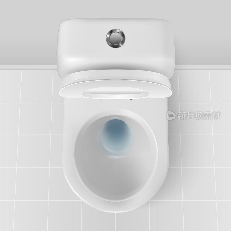 矢量3d现实的白色陶瓷马桶特写在浴室，厕所房间。带盖子的马桶打开了。采购产品管道，模型，室内，清洁，卫生概念的设计模板。俯视图