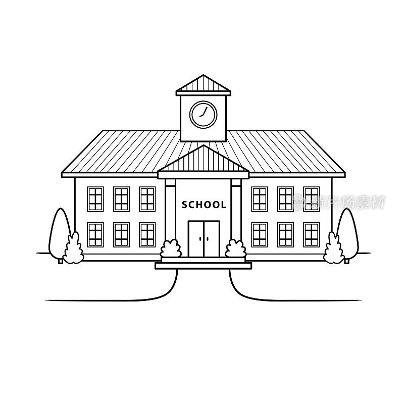 学校建筑平面设计插图有一辆校车停在前面。用于教师或那些想制作儿童书籍的人的教学材料。包括使用教学垫在家教育孩子的父母