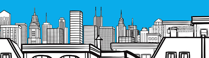 城市景观矢量插图绘制蓝、黑、白水平设计